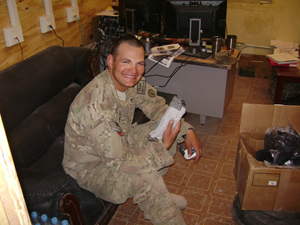 A soldier get new alpaca socks!